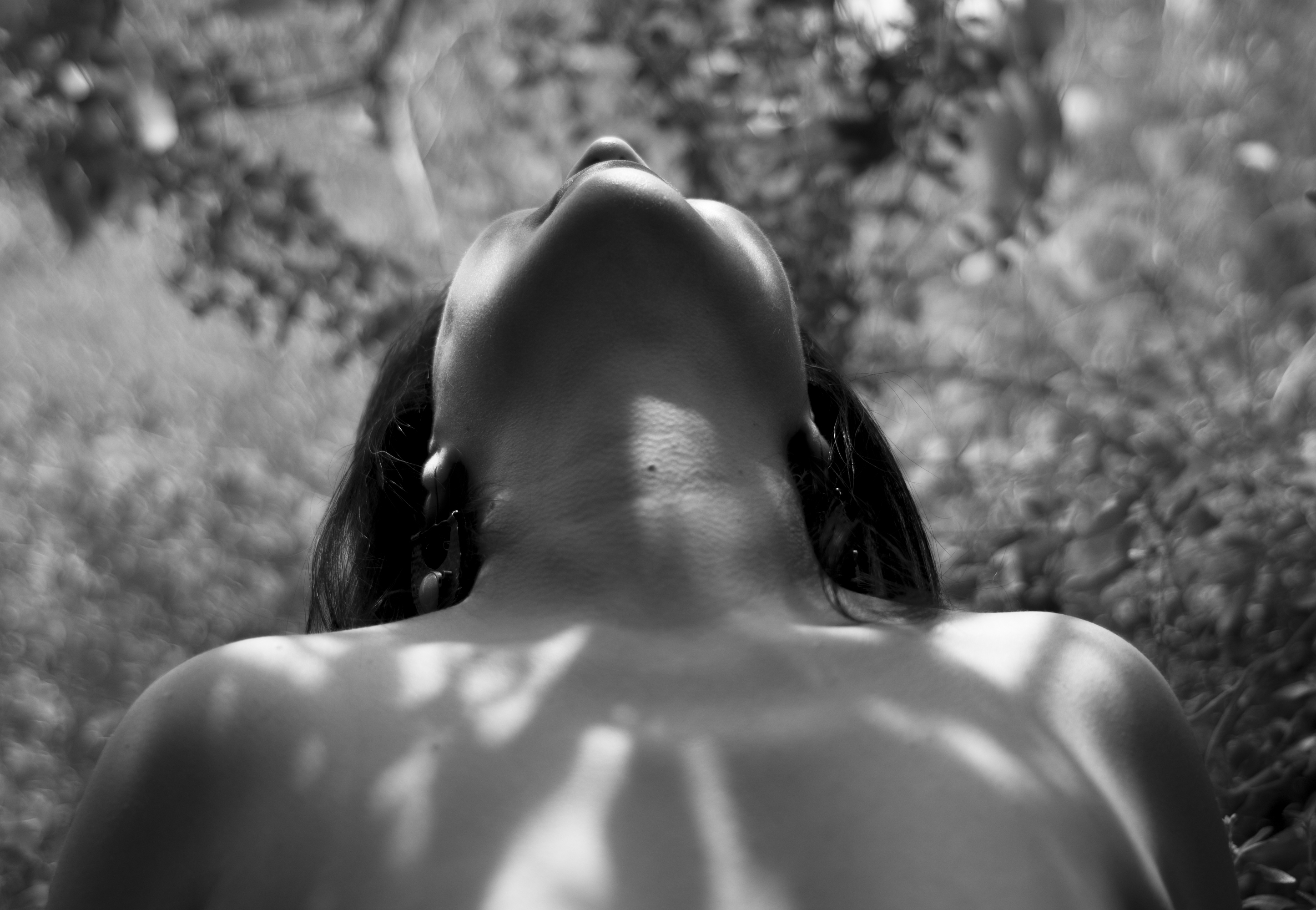 Retrato en blanco y negro entre follaje
